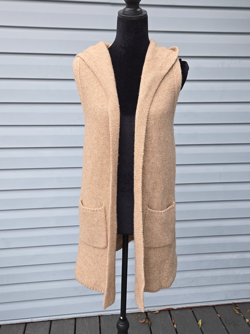 Tahari Camel Tan Merino Wool Blend Hooded Long Vest Cardigan M | Duster